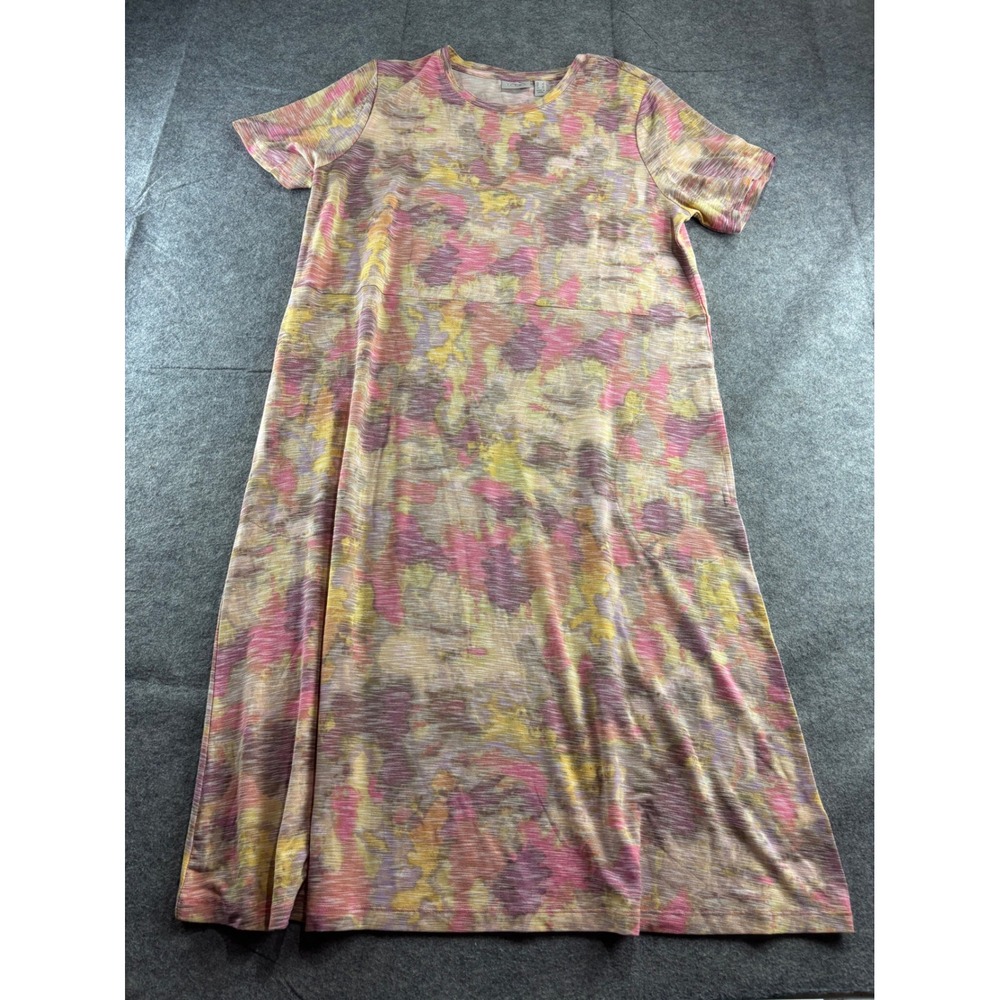 LOGO Lori Goldstein‎ Womens L Abstract Print Short Sleeve Midi Dress Pink Boho